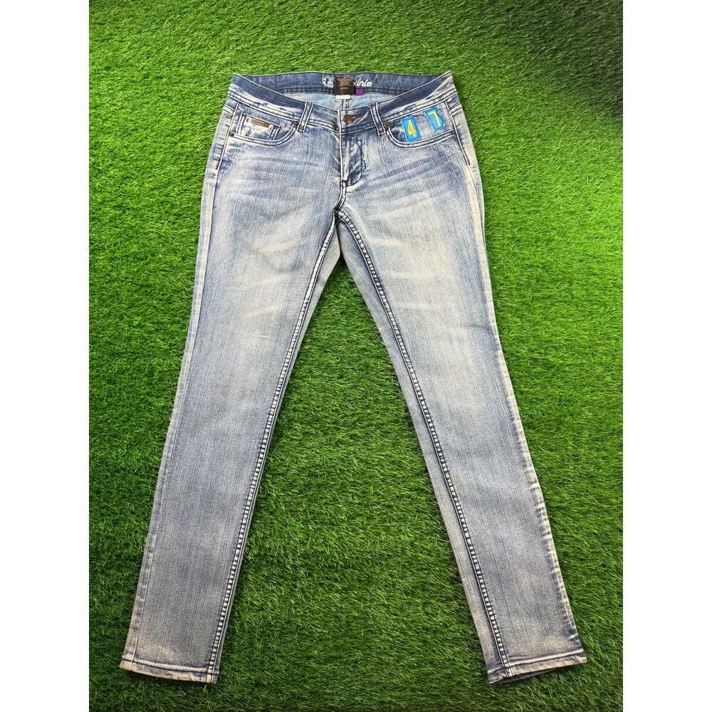 Luxirie Womens Skinny Jeans Light Wash Blue Sz 27 47 Patch Roots Life Love denim